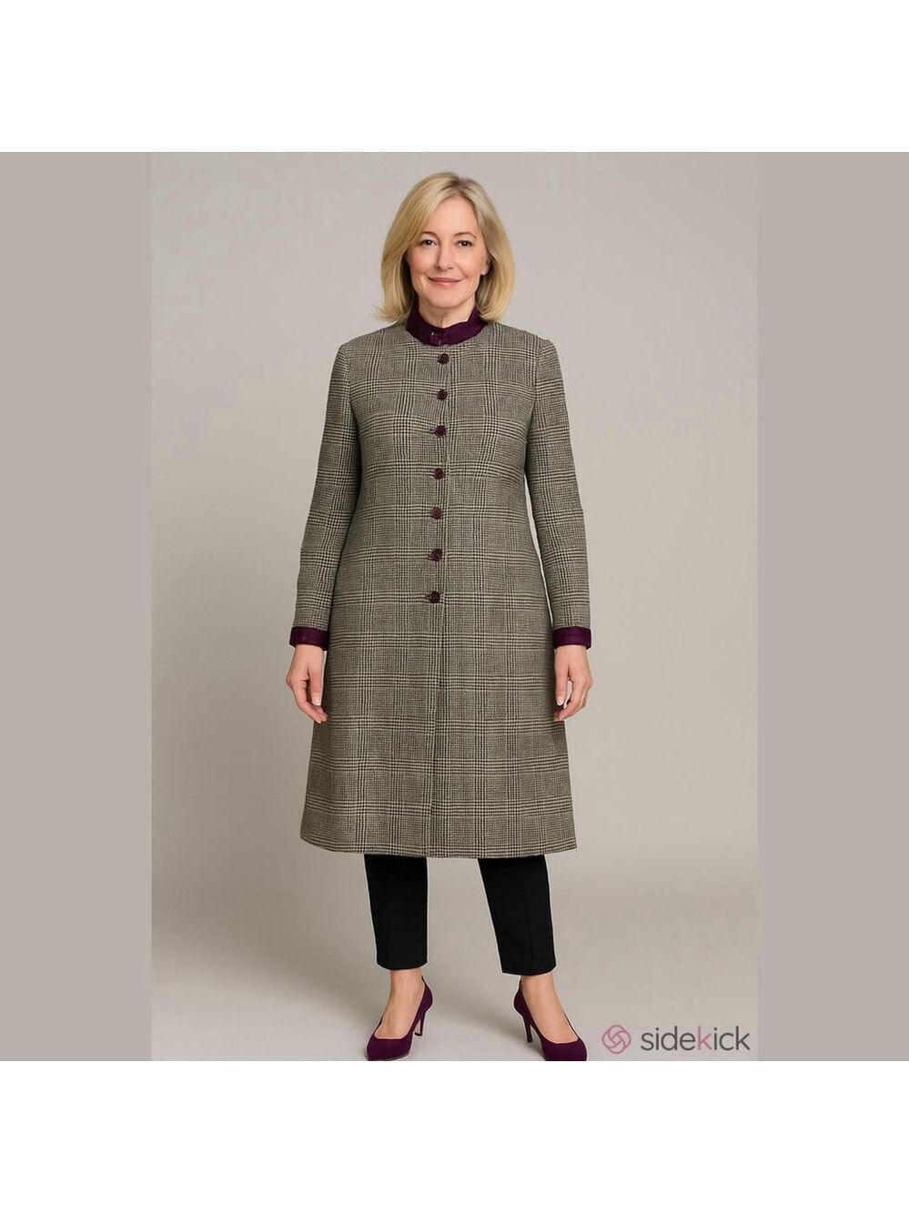 Women's Harvé Benard Vintage Black & White Plaid Wool Coat Purple Trim Size 10